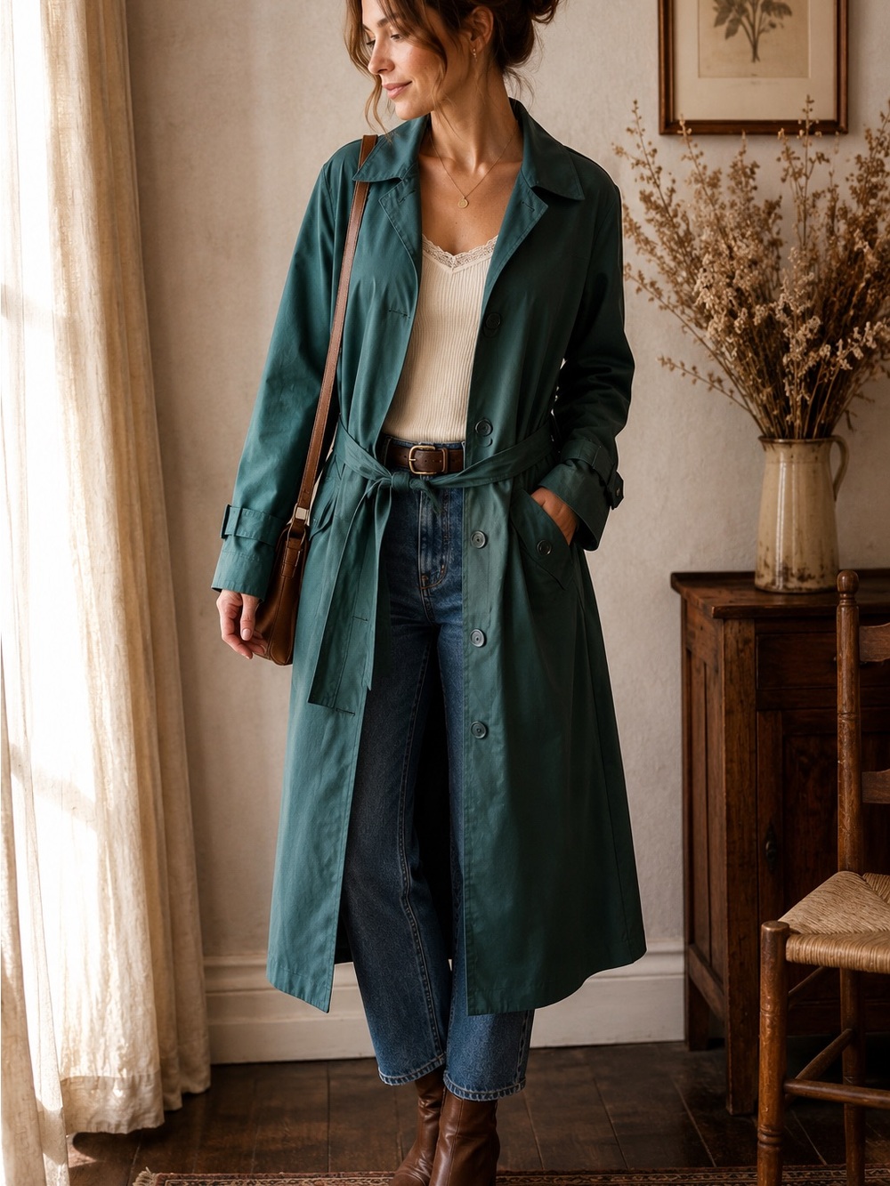 Vintage London Fog Green Long Trench Coat with Belt Women’s 6 Belted Raincoat